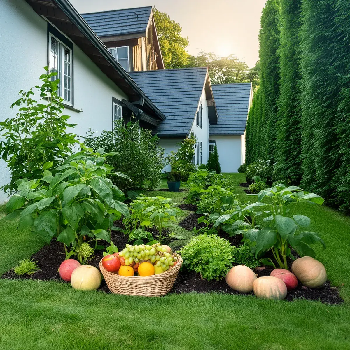 frutas y verduras en el patio de una casa